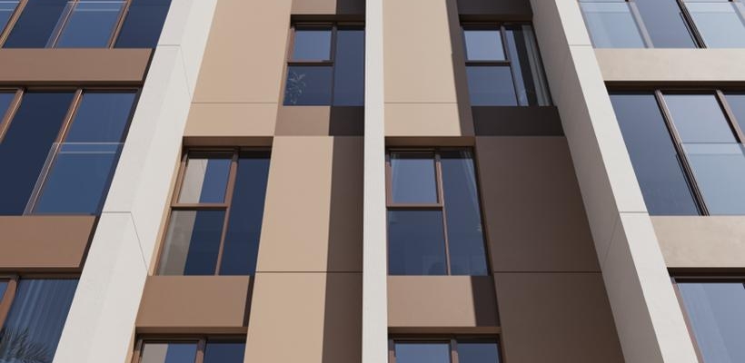 La fachada del edificio, diseñada con ventanales panorámicos, ofrece una vista única del entorno del colegio. Con una combinación de colores y un revestimiento continuo de monocapa con pintura acrílica plástica, la fachada no solo es estéticamente atractiva, sino también resistente y duradera.